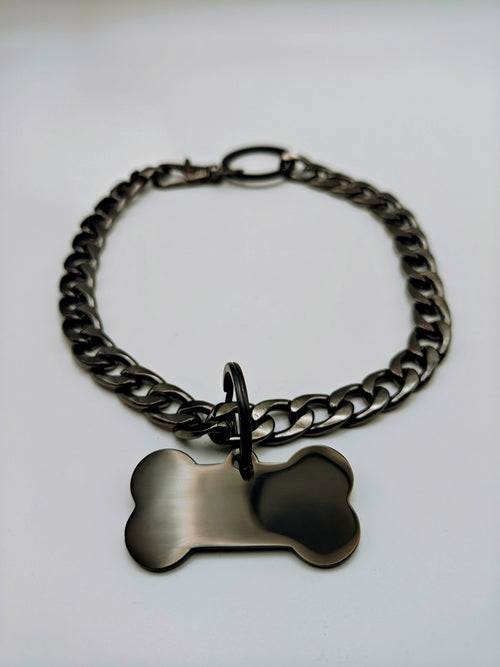 Custom Engraved Stainless Steel Dog Collar – Black Chain and Tag