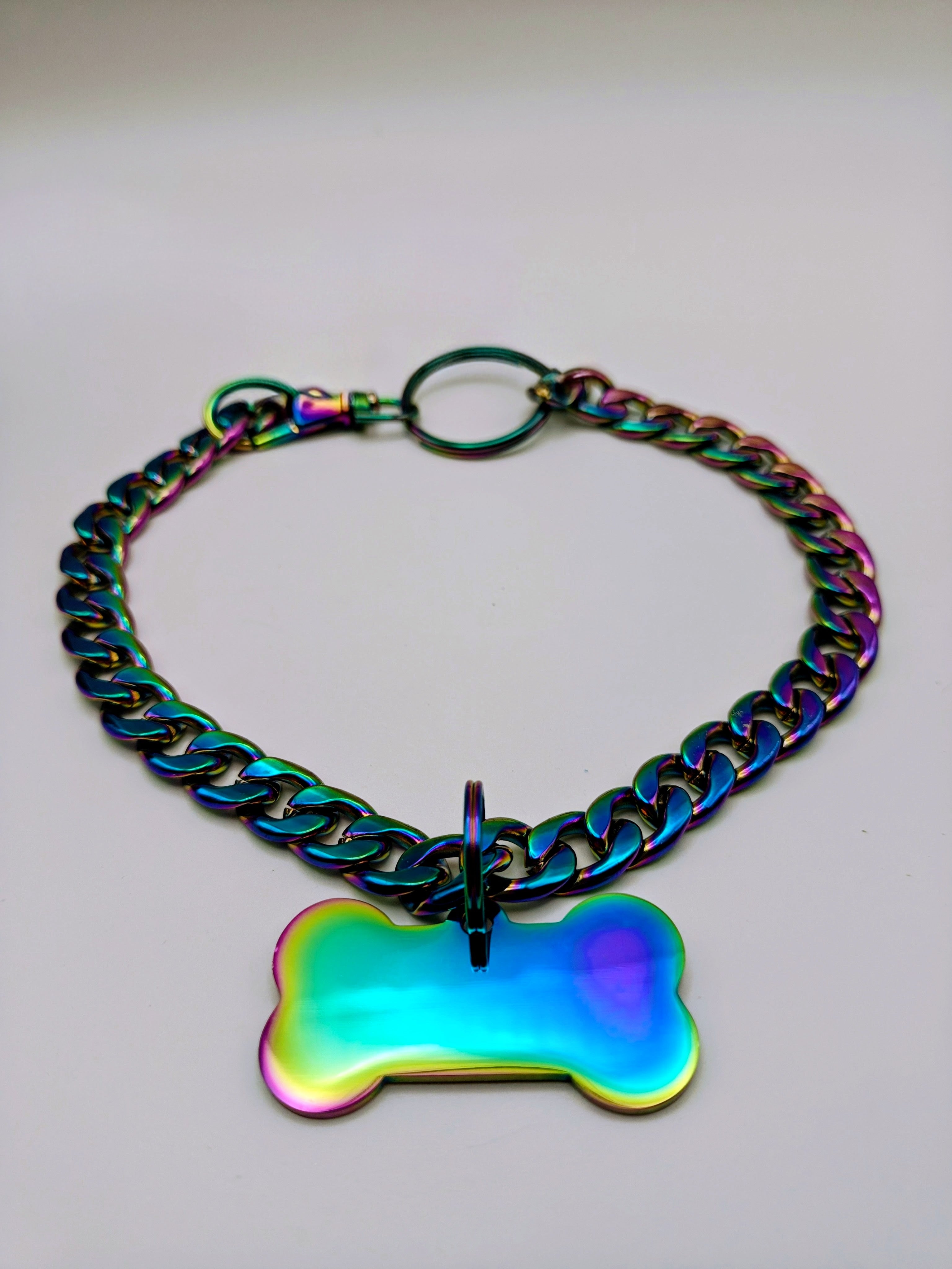 Custom Engraved Stainless Steel Dog Collar – Multicolor Chain and Tag