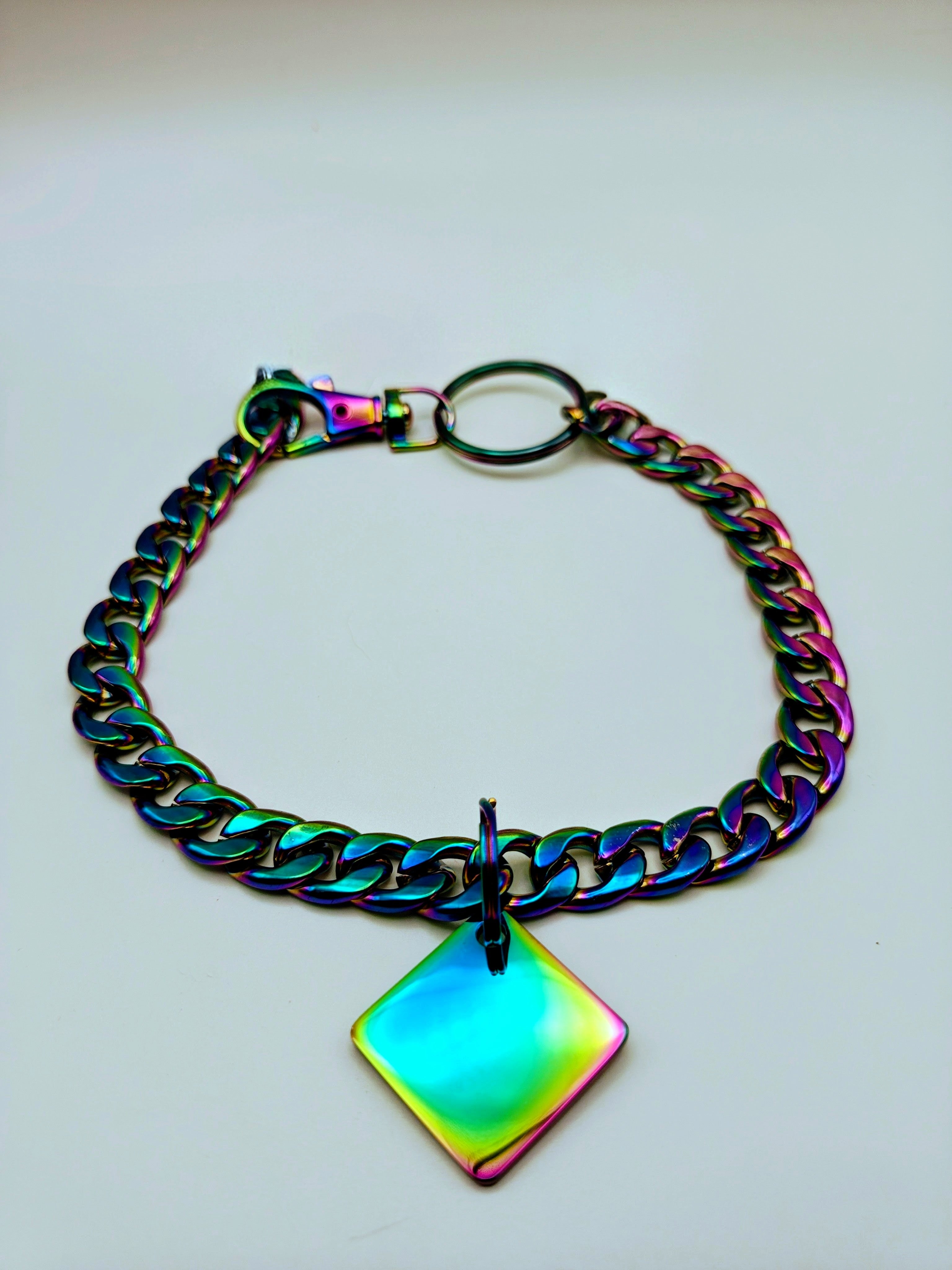 Custom Engraved Stainless Steel Dog Collar – Multicolor Chain and Tag